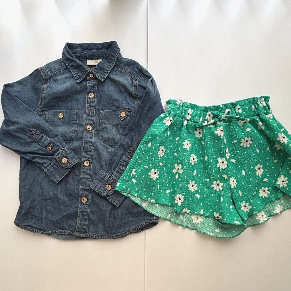 Set of ZARA Girls Summer Outfit Set Green Floral Shorts5Y/ Denim Shirt 4Y Bundle